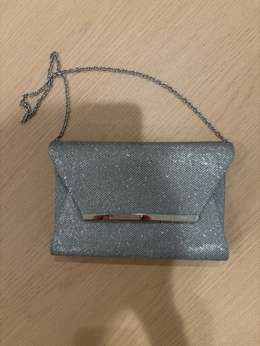 Jessica McClintock Silver Glitter Evening Clutch with Chain